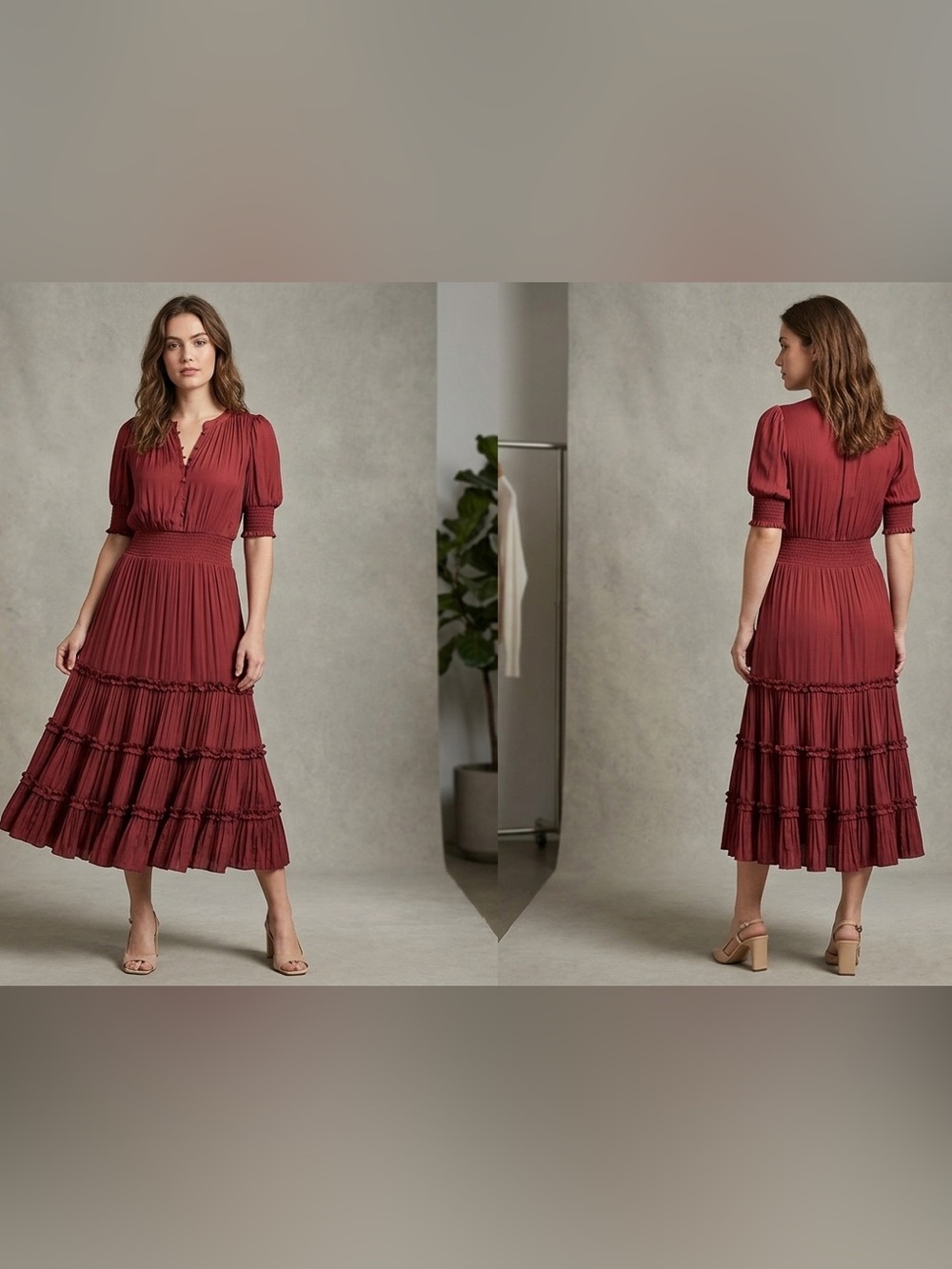 Elie Tahari Burgundy Tiered Midi Dress with Puff Sleeves
